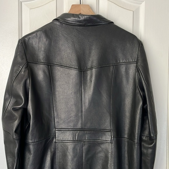 Vintage Harve Benard | 100% Leather Timeless Black Mid Length Coat Large 80s Y2K - Picture 4 of 9